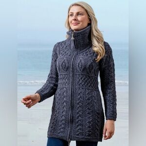 Aran Crafts made in Ireland 100% merino wool zippered woven Double Collar Coat L